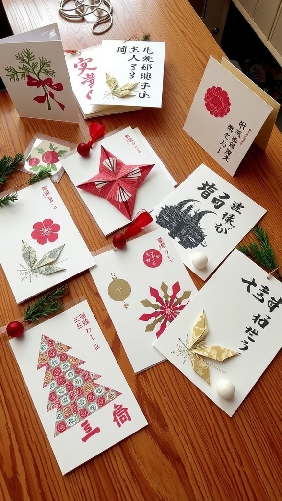 Handmade Japanese Christmas cards with washi paper and origami on a wooden table.